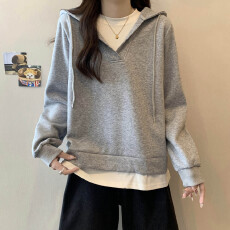 批发实拍大码女装<b class='q'>韩版</b>灰色连帽卫衣女秋胖mm宽松休闲假两件<b class='q'>外套</b>上衣潮