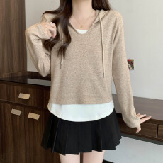 批发实拍大码女装粉色假两件连帽卫衣女冬季胖mm洋气减龄厚款外套上衣