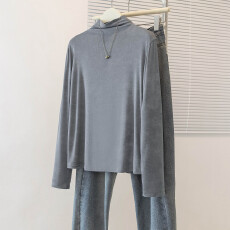 批发实拍大码女装正肩T恤扎染半高领秋季新款胖mm宽松显瘦打底衫上衣