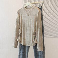 批发实拍大码长袖T恤女2025年秋季新款圆领纯色收腰显瘦百搭褶皱上衣