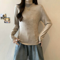 批发实拍大码长袖T恤女2025年秋季新款圆领纯色收腰显瘦百搭褶皱上衣