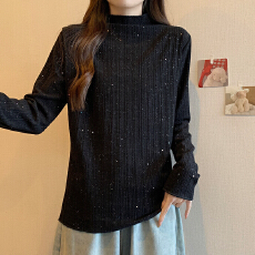 批发实拍大码女装韩版半高领木耳边针织衫t恤女胖mm秋冬简约打底上衣