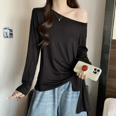 批发实拍大码长袖T恤25年秋季条纹不规则开叉收腰设计感显瘦斜肩上衣