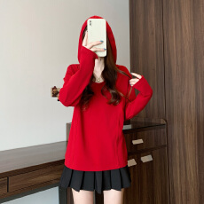 批发实拍大码秋季u领设计感连帽衫简约鱼骨显瘦胖mm打底衫女上衣T恤潮