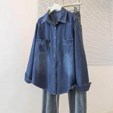 批发实拍大码女牛仔春秋冬新款设计感宽松蓝色百搭休闲打底衫衬衣外套