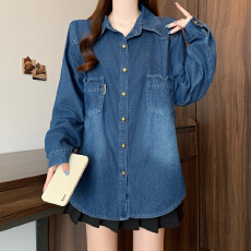 批发实拍大码牛仔女春秋冬新款设计感宽松蓝色百搭休闲打底衫衬衣外套
