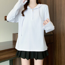 批发实拍大码女装秋季长袖连帽卫衣洋气时尚休闲百搭显瘦纯色带帽T恤