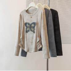 批发实拍大码T恤胖mm美式复古扎染蝴蝶显瘦长袖T恤女秋季收腰修身上衣