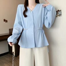 批发实拍大码长袖蓝色<b class='q'>衬衫女</b>2025秋季新款显瘦百搭气质收腰胖mm上衣潮