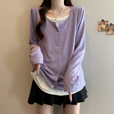 批发实拍大码长袖秋季2025新款假两件紫色修身百搭胖mm显瘦T恤上衣女