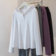 批发实拍大码女装简约连帽长袖t恤女早秋胖妹妹宽松洋气百搭休闲上衣