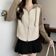 批发实拍大码女装撞色连帽开衫长袖t恤女春胖mm宽松显瘦休闲漂亮卫衣