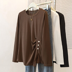 批发实拍大码女装设计感小众开叉洋气t恤女胖mm简约韩版长袖圆领上衣