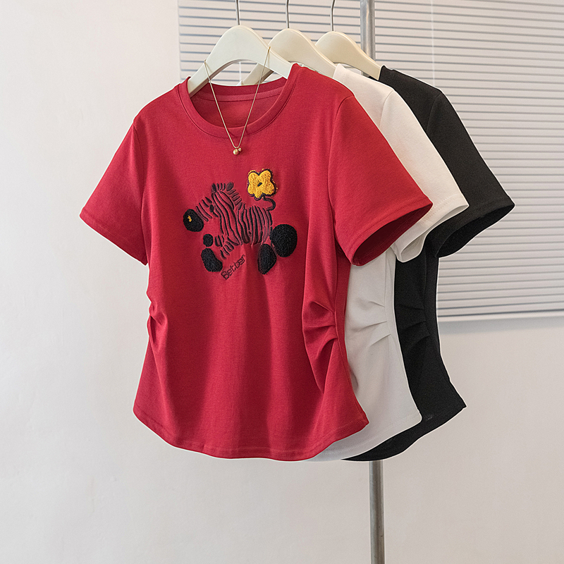 RY4144# 实拍大码女装刺绣斑马短袖T恤女2026夏季新款褶皱减龄百搭上衣潮