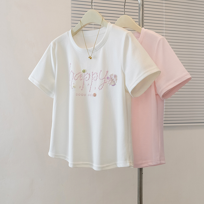 RY4143# 实拍韩系设计感字母钉珠粉色短袖女2026夏季新款休闲百搭显瘦T恤