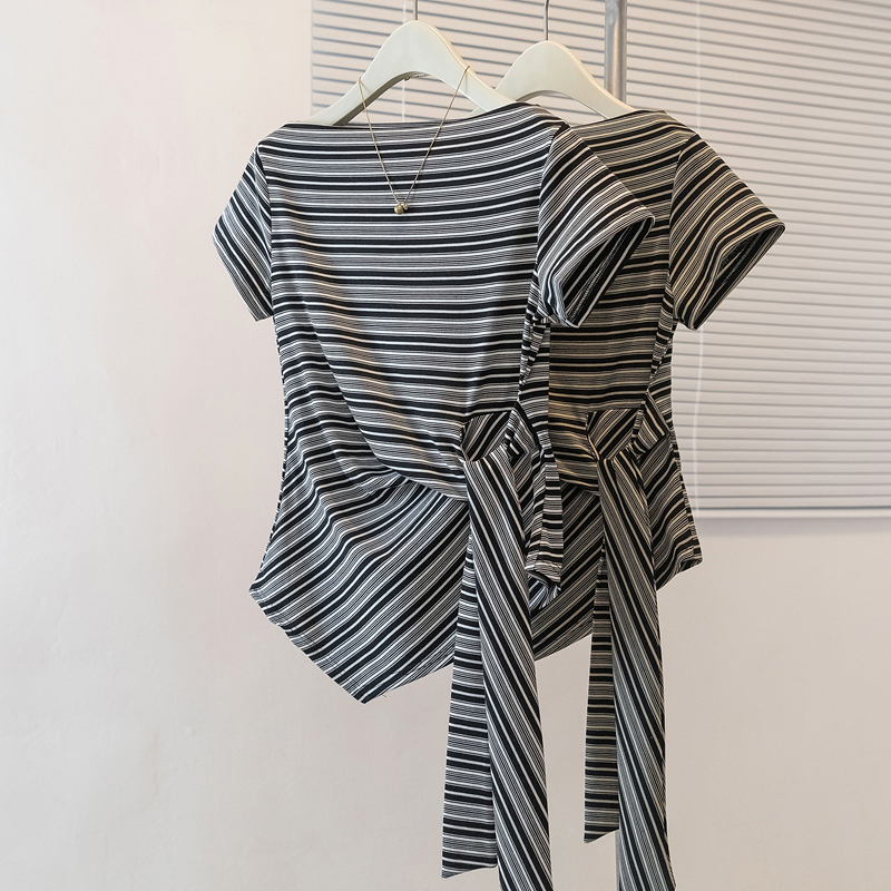 RY2557# 实拍大码短袖T恤女条纹漂亮独特百搭气质小众绑带收腰不规则上衣