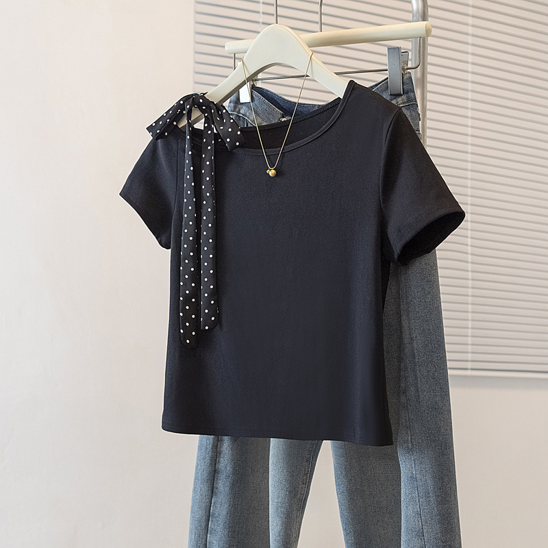RY2556# 实拍独特漂亮黑色短袖T恤女夏季新款法式设计感小众时尚气质上衣