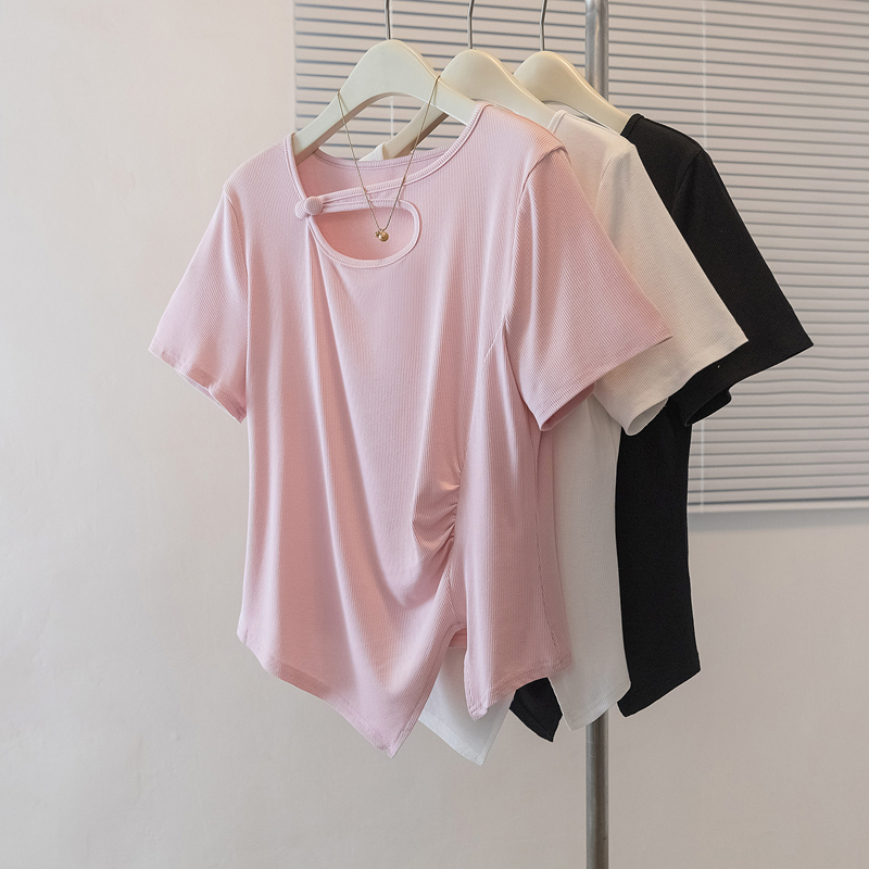 RY4139# 实拍大码短袖T恤女法式设计感不规则收腰遮肉显瘦漂亮胖妹妹上衣