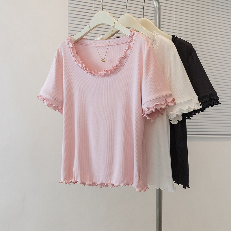 RY4138# 实拍大码正肩短袖T恤女木耳边U领修身显瘦夏季新款韩系简约上...