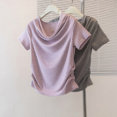 批发实拍大码2026年夏季短袖T恤不规则时尚荡领气质甜美修身显瘦上衣