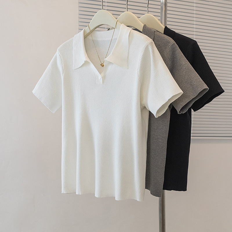 RY4137# 实拍大码短袖针织衫女高级感显瘦宽松polo领气质夏季新款显...