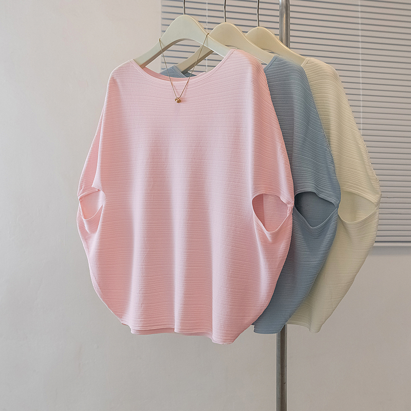 RY4136# 实拍大码正肩T恤女2026年夏季新款胖mm浅蓝色蝙蝠袖百搭...