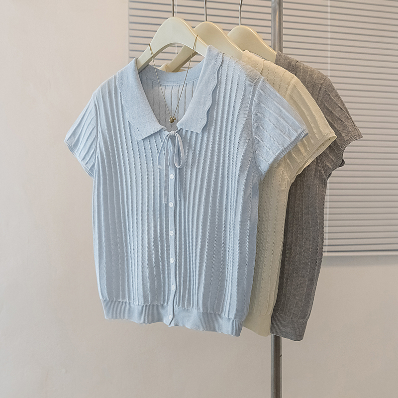 RY4135# 实拍大码针织开衫短袖女26年夏季韩系花边翻领系带甜美单排扣...