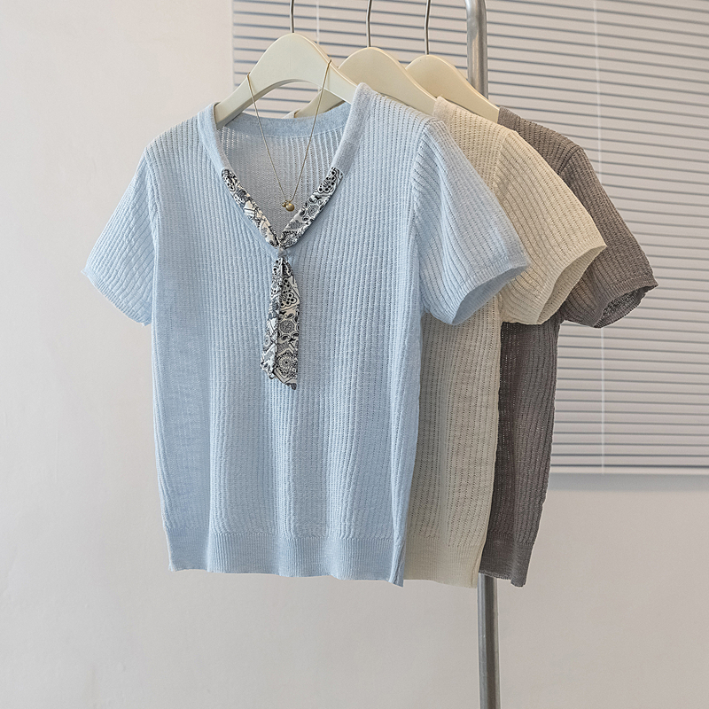RY4134# 实拍大码短袖针织衫夏季新款气质设计感V领丝巾百搭韩系宽松上衣