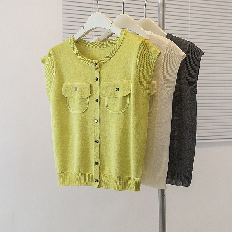 RY4133# 实拍大码短袖T恤韩系百搭小飞袖少女感圆领排扣双口袋针织开衫潮