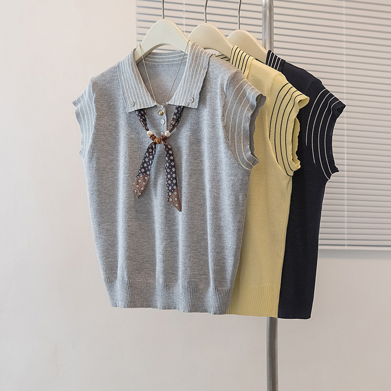 실사 빅 사이즈 여름 한 부서 POLO 칼라 배색 학원 스타일 스카프 니트 티셔츠 다용도 루즈핏 슬림해 보이는 맨위