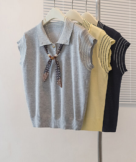 실사 빅 사이즈 여름 한 부서 POLO 칼라 배색 학원 스타일 스카프 니트 티셔츠 다용도 루즈핏 슬림해 보이는 맨위
