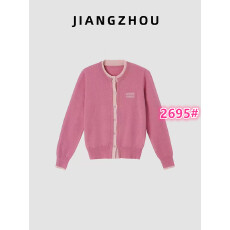 批发江洲JIANGZ 春季新款撞色圆领粉色长袖针织开衫女薄款假两件上衣