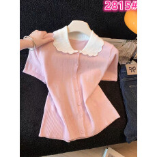 批发甜美减龄娃娃领粉色正肩短袖T恤女装春夏洋气别致小衫<b class='q'>打底衫</b>上衣