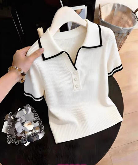 한 부서 배색 POLO 칼라 고급 센스 반팔 니트 스웨터 여성 2026 여름 새로운 몸매 가꾸기 구덩이 기사 슬림해 보이는 맨위