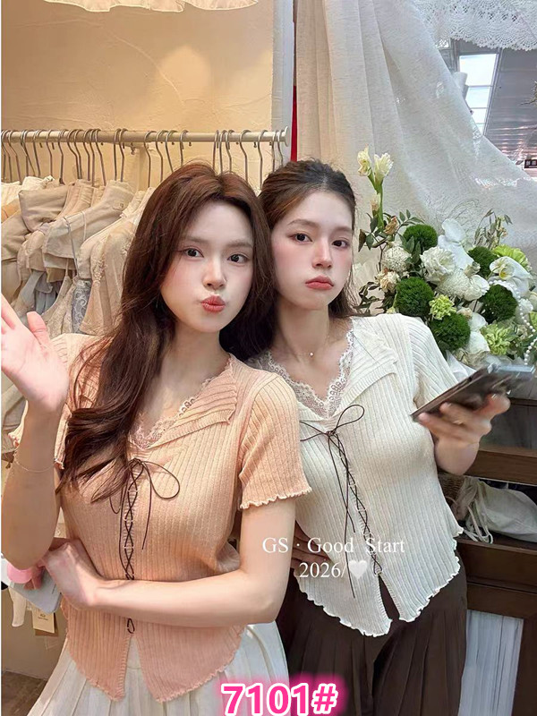 gs.good 여름 패션 편안함 몸매 가꾸기 품격 달콤함 레이스 조각 레이스업 반팔 니트 작은 셔츠 여성 의류