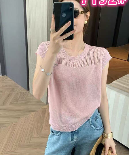 여름 신제품 라운드 넥 Feifei 소매 홀로우 아웃 조심해. 기계 디자인 센스 풀오버 얇은 스타일 니트 스웨터