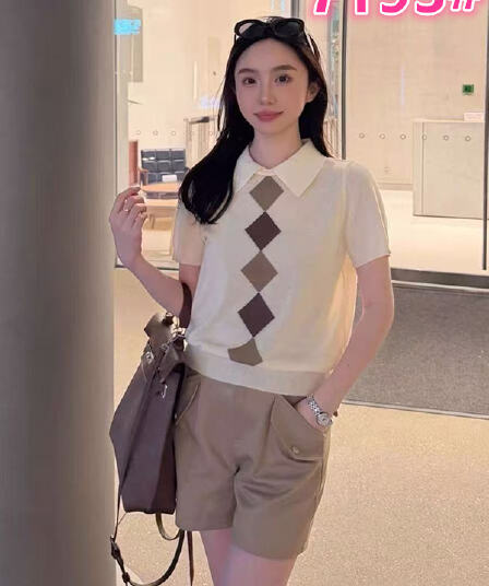 한 부서 학원 스타일 POLO 칼라 링 그리드 반팔 티셔츠 니트 스웨터 여성 여름 루즈핏 슬림해 보이는 캐주얼 맨위 얇은 스타일