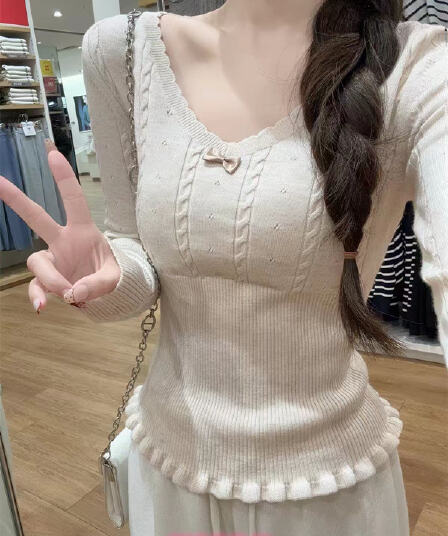 달콤한 핫걸 레이스 V넥 허리 수축 만나는 맨위 여성 가을 겨울 봄 드레스 나비 매듭 연령 감소 니트 스웨터 스웨터 인사이드 가져 가라.