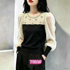 批发温柔风<b class='q'>白色</b>网纱泡泡袖钉珠长袖t恤女2026春秋独特漂亮巨好看上衣