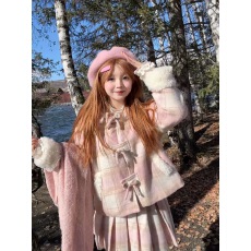 批发茄茄西米原创[粉粉小羊]粉色<b class='q'>格子</b>毛呢加绒短款连帽厚外套可爱甜美