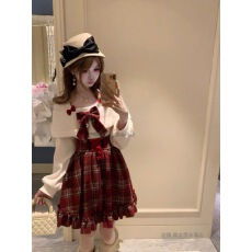 批发森女系原创想去海边 暖色圣诞 可爱甜美一字肩红格子连衣裙