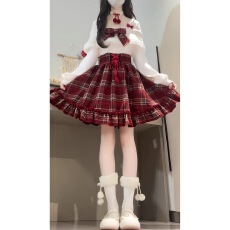 批发森女系原创想去海边 暖色圣诞 可爱甜美一字肩红格子连衣裙