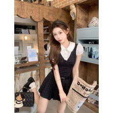 批发麻吉mochi伯克利假日拼接设计假两件翻领<b class='q'>连衣裙</b>夏收腰短裙