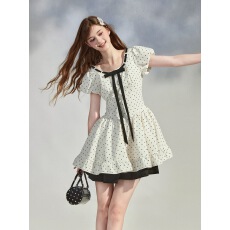 批发Tipsymattina微醺清晨26夏甜美风小个子时尚<b class='q'>中长款</b>方领波点连衣裙