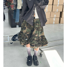 批发秋冬<b class='q'>街头</b>复古迷彩图案褶皱花边底围休闲百搭显瘦半身裙