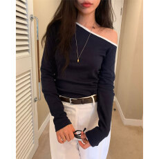 批发<b class='q'>街头</b>温柔系chic纯色百搭斜肩漏肩显瘦打底长袖T恤上衣