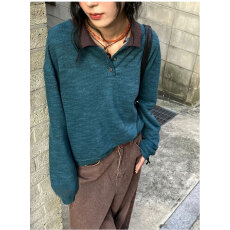 批发<b class='q'>街头</b>翻领复古配色polo宽松松弛休闲百搭长袖T恤上衣