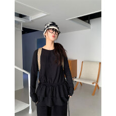 批发<b class='q'>街头</b>简约个性随性气质抽绳收腰多层下摆长袖T恤上衣