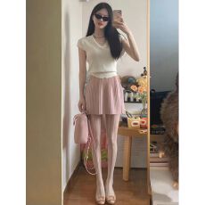 批发<b class='q'>夏</b>季米白色短袖针织上衣女修身显瘦百搭薄款凉t恤+百褶半身裙