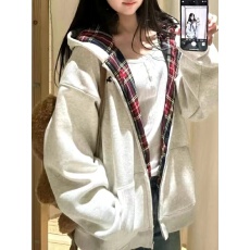 批发华棉复合牛奶丝+银狐绒  原版做法 <b class='q'>格子</b>内抽拉链刺绣卫衣女